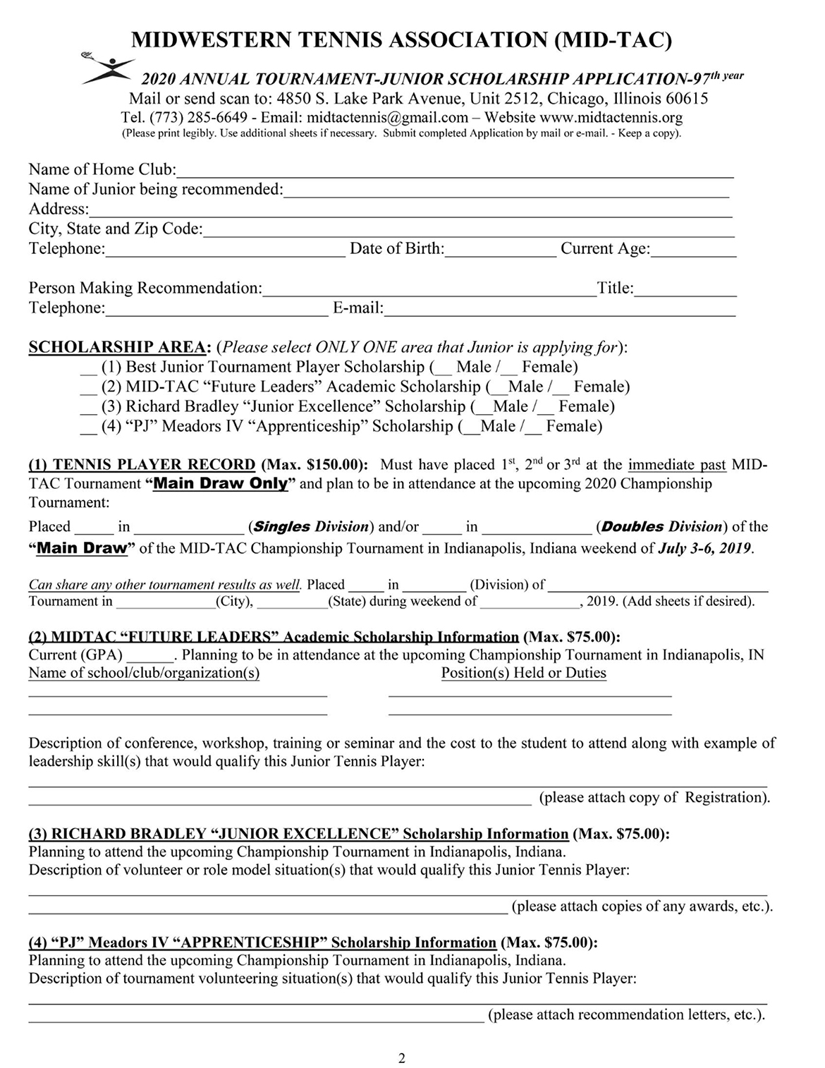 2020 Junior Scholarship Application Midwestern Tennis Association